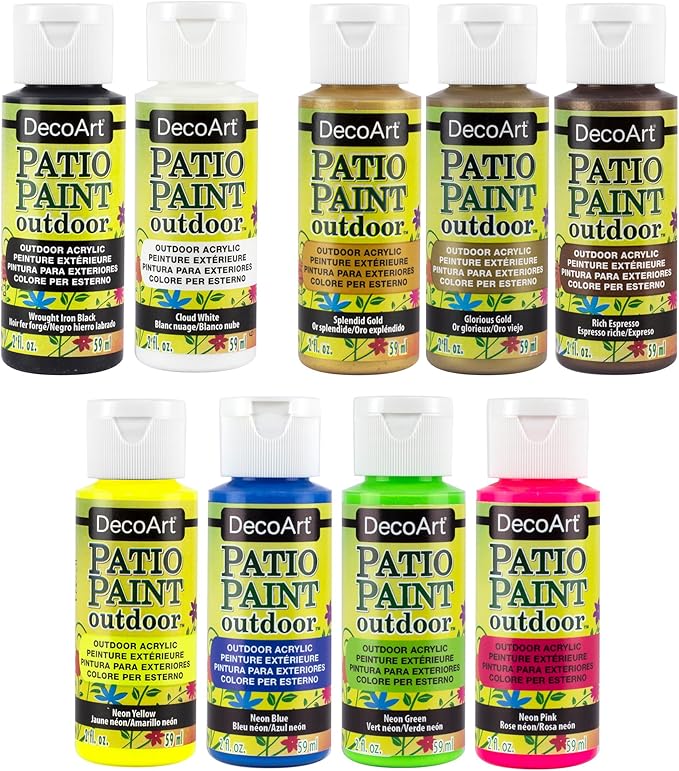 DecoArt Patio Outdoor Paint Set – 9 Neon & Metallic Colors (2 fl oz Bottles) – Outdoor Weatherproof Paints for Garden, Patio & Creative DIY Projects