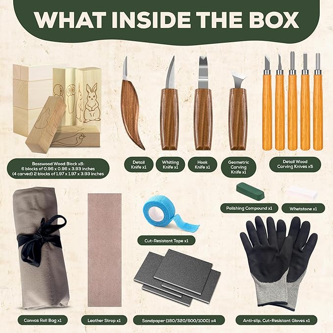 Wood Carving Kit – 28Pcs Whittling Knife Set with 9 Knives, Basswood Blocks w/Carved Guides, Safety Gloves, Whetstone, Stropping Leather & Roll Bag – AMPARIA Premium Tools for Beginner & Professional