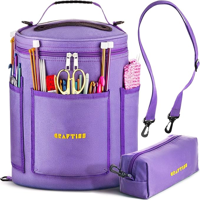 CRAFTISS Knitting Bag Yarn Storage - Christmas Gift - Durable Canvas Yarn Holder for Crochet Accessories - Organizer Crochet Bag with Knitting Accessories Case (Purple)