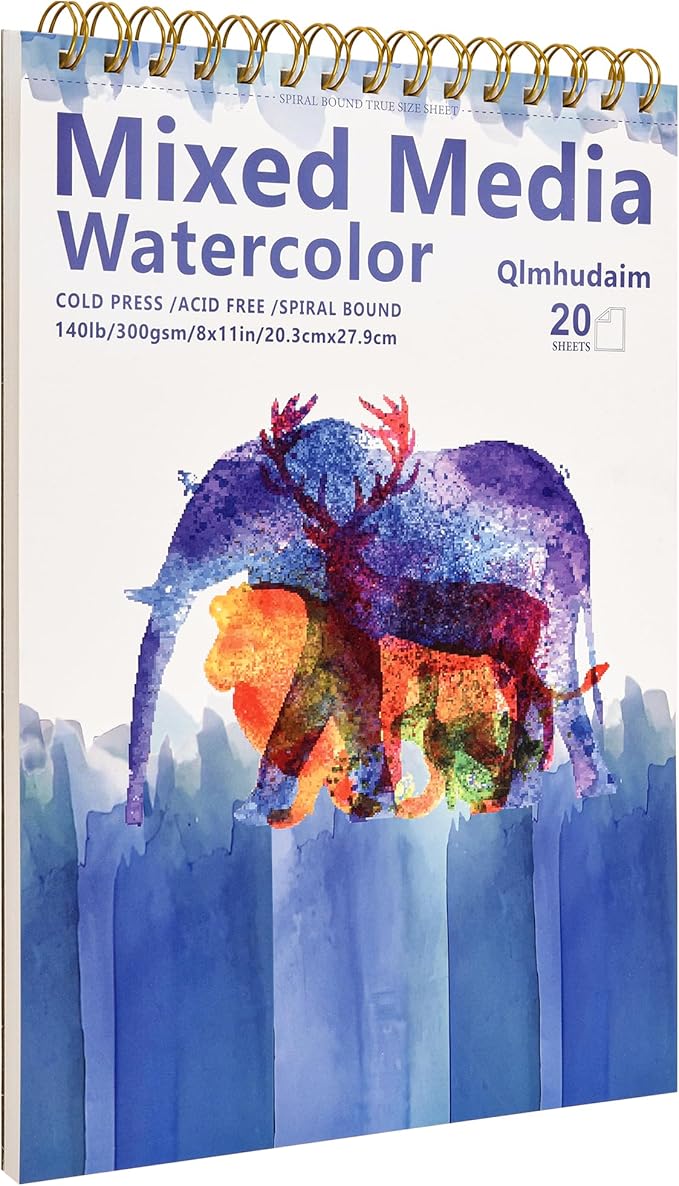 Qlmhudam Watercolor Paper Pad 8" x 11" - Heavyweight and textured paper Sketchbook,Spiral Bound, 20 Sheets 140lb/300g sketch pad, Watercolor Sketchbook for Wet & Dry Media,Drawing ，& Painting Journals