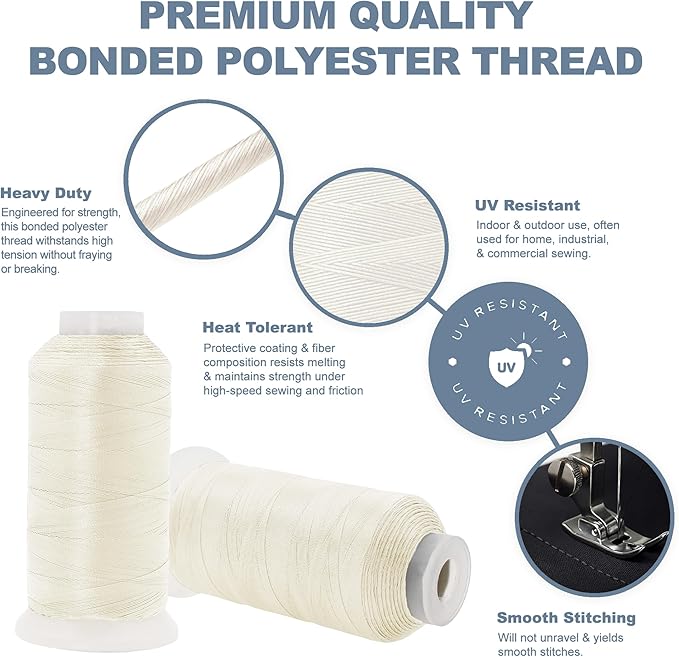 Mandala Crafts Off White Heavy Duty Thread - 1500 Yds Tex 90 Bonded Polyester Threads for Sewing Drapery, Jeans, Leather, Hair, Outdoor Marine Upholstery