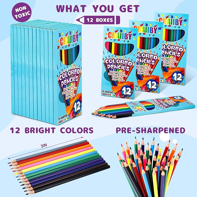 Premium Colored Pencils, Soft Core, 288 Count (Pack of 24), 12 Colors Pre-sharpened Color Pencils Bulk, Back to School Supplies, Classroom Prizes (12)