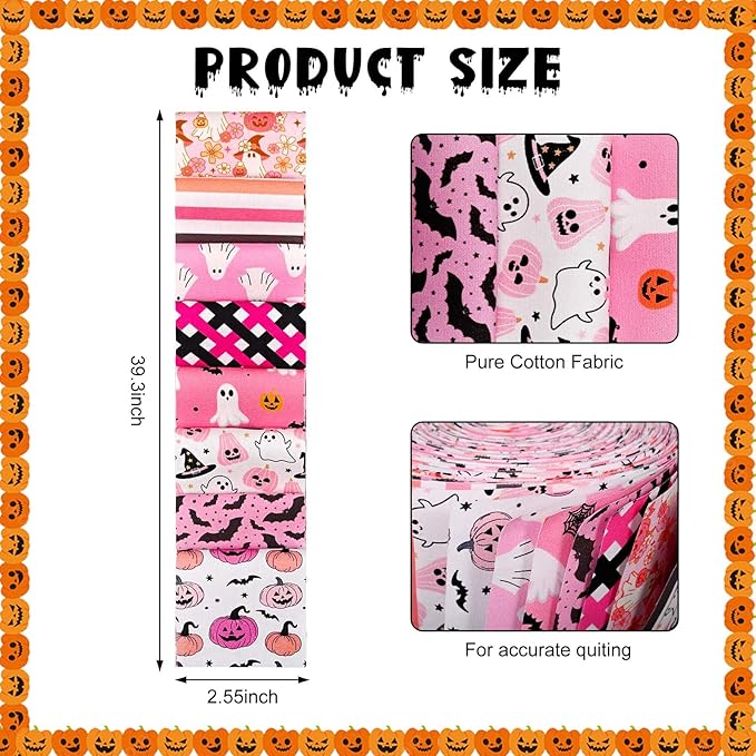40Pcs Pink Halloween Cotton Jelly Fabric Strips Pumpkin Ghost Bat Fabric Strips for Quilting Crafting Precut Patchwork for Halloween Sewing DIY Crafts Decor