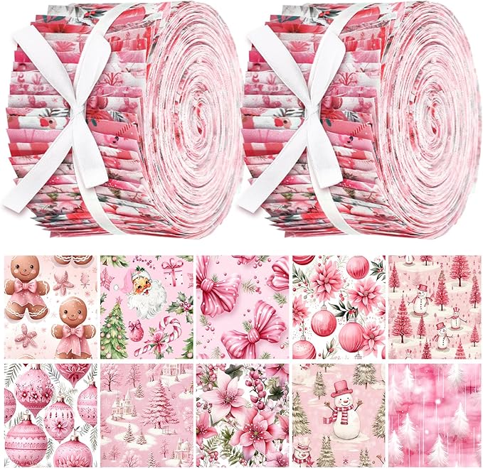Fanfanwin 40 Pcs Pink Christmas Quilting Fabric Roll 2.56 Inch Precut Fabric Squares Jelly Patchwork Santa Claus Snowman Poinsettia Strips Materials for Winter Xmas Holiday Craft Sewing Panels DIY