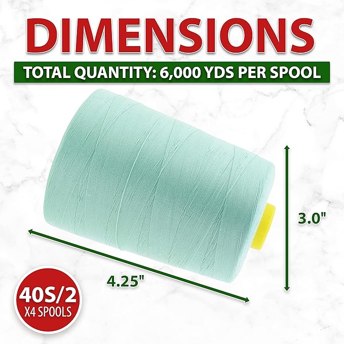 Mandala Crafts 4 Pack of Serger Threads Cones Spools - 40S/2 24000 Yards Polyester Mint Threads for Sergers Machine and Overlock Quilting Sewing Machine