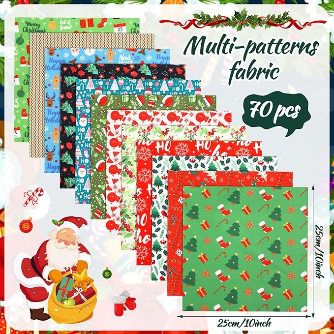 Tudomro 70 Pcs 10 x 10 Inch Christmas Quilting Fabric Squares Santa Gingerbread Man Fabric Bundles Snowman Candy Cane Printed Precut Patchwork Materials for Xmas Winter DIY Crafts Cloths Handmade