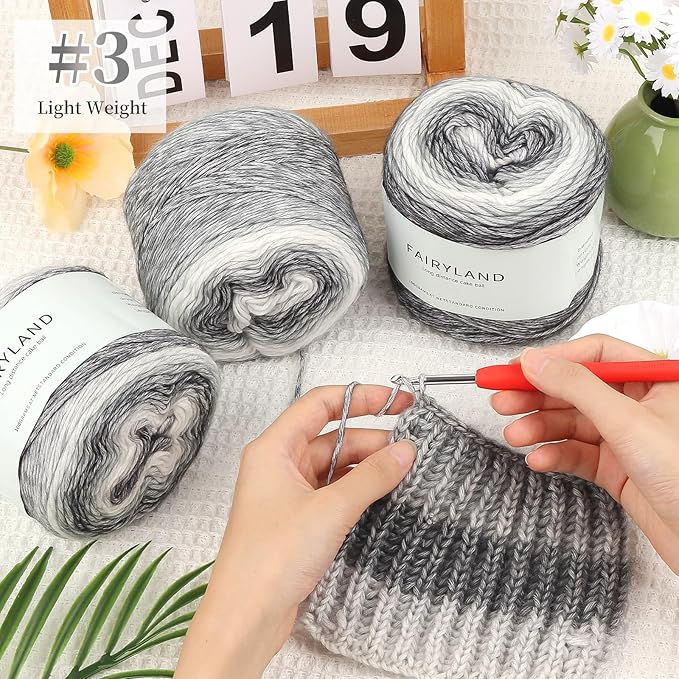 Aeelike Gradient Yarn for Crocheting, 3 Skeins Cake Yarns 100g (3.52 oz) 245m (267 Yards) # 3 Light Weight - Super Soft Ombré Fairyland Yarns for Making Colorful Crafts, Grey White Gradient