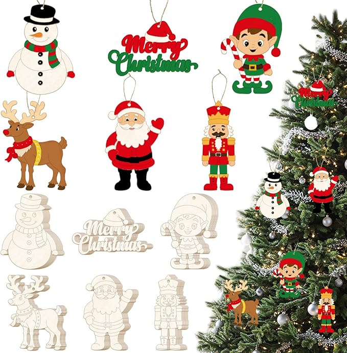 60 PCS Wooden Christmas Ornaments for Crafts, Cute Blank Unfinished Wood Christmas Tree Ornament, Xmas Wood Slices DIY Art Crafts, Holiday Home Wall Mantel Hanging Decorations Party Supplies