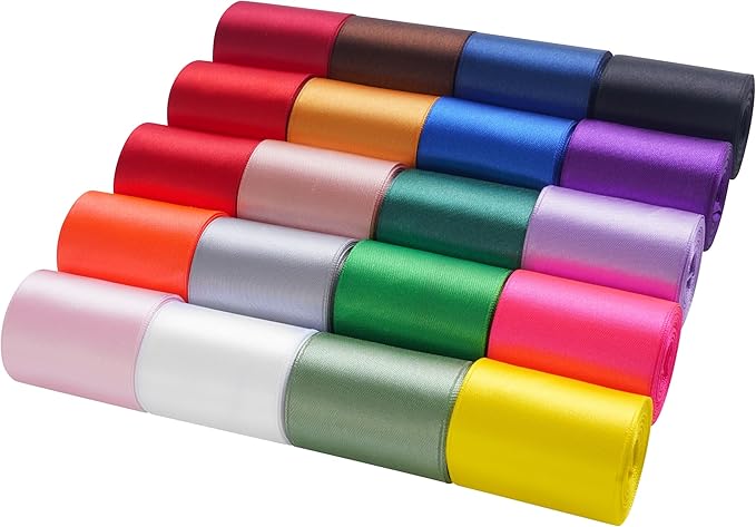 LIUYAXI 20 Colors 100 Yard Satin Ribbon Fabric Ribbon Assorted Ribbon Rolls, 2 Inch Wide 5 Yard/Roll, Rinbow Ribbons Perfect for Gift Wrapping, Crafts, Hair Bows, Wedding Party Decor,Flower Bouquet