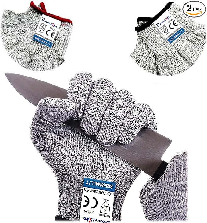 Dowellife Cut Resistant Gloves Food Grade Level 5 Protection, Safety Kitchen Cuts Gloves for Oyster Shucking, Fish Fillet Processing, Mandolin Slicing, Meat Cutting and Wood Carving. (Large-2 Pairs)