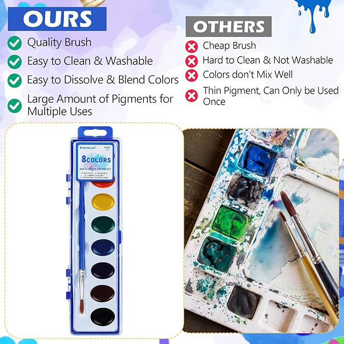 Watercolor Paint Set for Kids - Bulk Pack of 10, 8 Colors Washable Water Color Paints Sets with Paintbrush, Kids Watercolor Paint Set for Coloring, Art, Classrooms and Paint Supplies