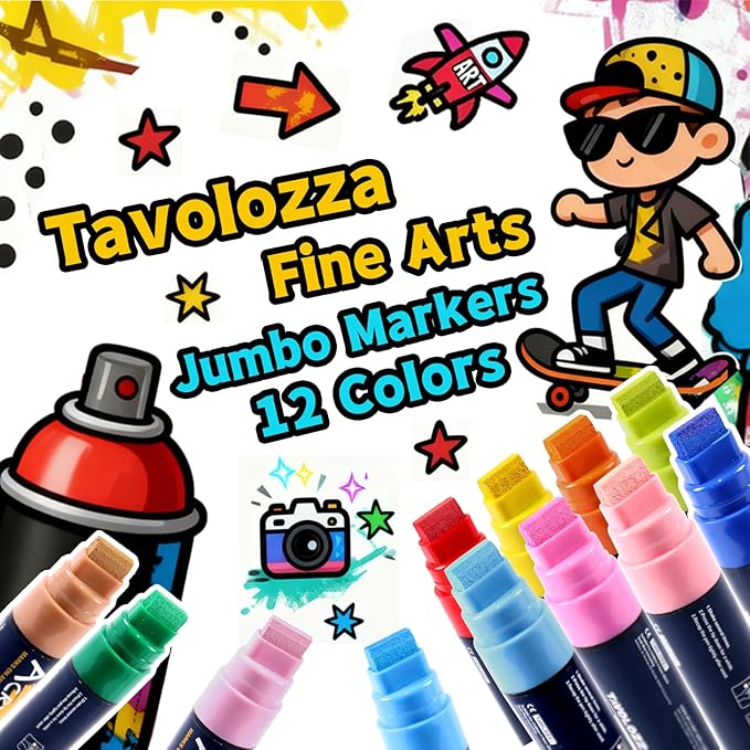Tavolozza Fine Arts Jumbo Markers 12 Colors - 15mm Wide Felt Tip Acrylic Window Markers, Versatile Marker for Poster Board, Rock, Stone, Glass, Wood, Ceramic, Metal, Plastic, Banner & Fabric