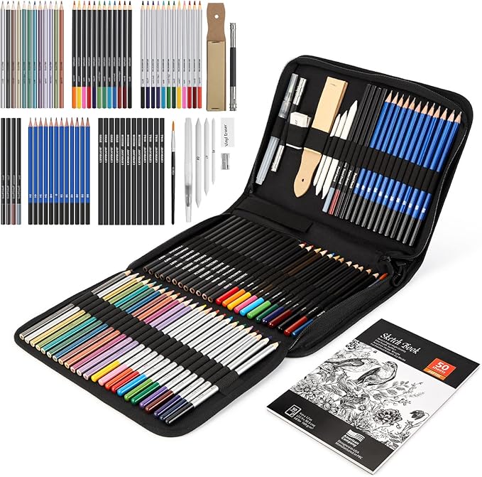 AGPTEK Drawing Pencils Set, 75-Piece Art Supplies Color Drawing Pencils Set Contains Sketch Pencils, Charcoal Pencils, Water Colored Pencils and Metal Colored Pencils for Kids, Adults and Artist