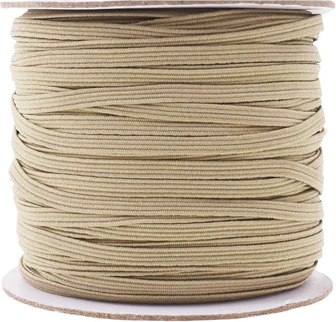 Mandala Crafts 3mm 50 Yds Roll of Khaki Elastic Bands for Sewing - 1/8 Flat Elastics Cord - 1 8 Inch Braided Stretch Straps for Crafting