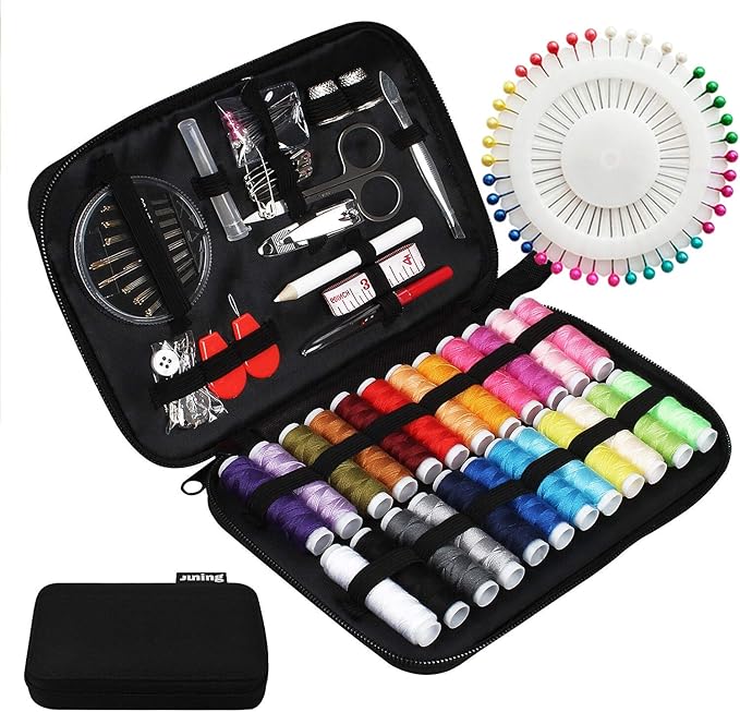 JUNING Sewing Kit with Case, 130 pcs Sewing Supplies for Home Travel and Emergency, Machine, Contains 24 Spools of Thread, Mending and Sewing Needles, Scissors, Thimble,Measuring Tape