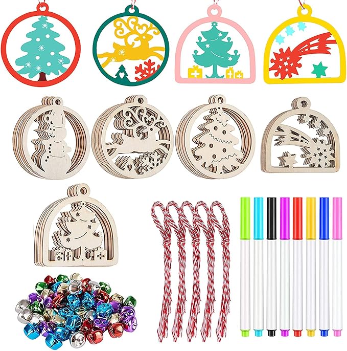 Artmag 50pcs Unfinished Wooden Hanging Ornaments for Christmas Decorations,5 Styles DIY Wood Slices with Holes for Crafts Centerpieces Holiday Hanging Decorations