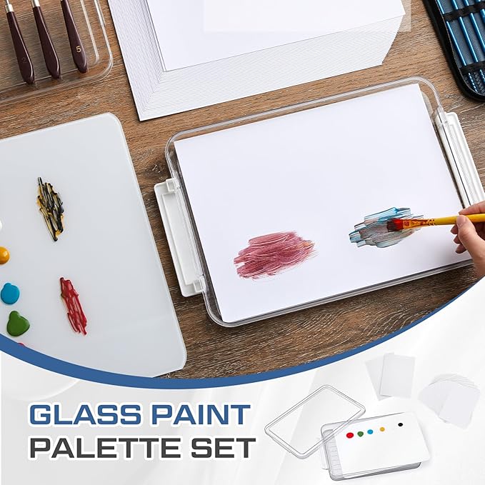 Nuanchu 1 Pcs 9 x 12 Inch White Tempered Glass Palette for Oil Painting with Lid and 40 Sheets Disposable Paper and 2 Sponges Keeps Wet Paint Fresh for Artist DIY Color Mixing Beginners