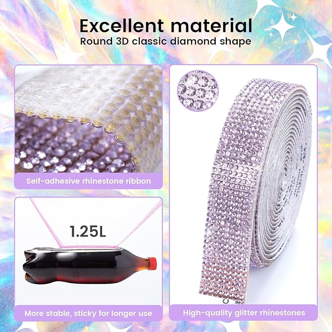 Novani Self Adhesive Rhinestone Ribbon, 0.78 Inch Wide 3 Yards 1 Roll, Purple Crystal Diamond Bling Strips for DIY Crafts, Home Decor, Clothing,Shoes, Car Decoration（Crystal Amethyst）