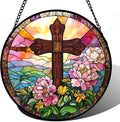 Christian Gifts for Women - Cross Stained Glass Window Hanging Jesus Easter Pink Flower Peony Sun Catcher Garden Religion Decor Mother's Day Catholic Gift for Men Grandma Mom Her Nana 9.8"