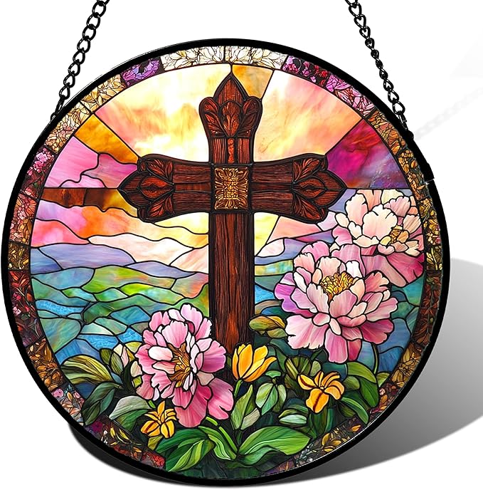 Christian Gifts for Women - Cross Stained Glass Window Hanging Jesus Easter Pink Flower Peony Sun Catcher Garden Religion Decor Mother's Day Catholic Gift for Men Grandma Mom Her Nana 15"