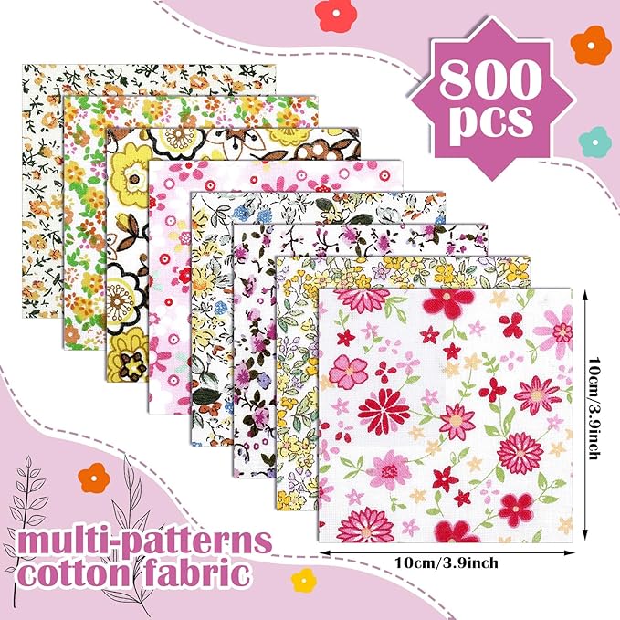 Ganeen 800 Pcs 4 x 4 Inch Cotton Fabric Squares Pre Cut Quilting Squares Printed Floral Patchwork Fabric Bundles for DIY Craft Sewing Clothing Accessory(Assorted)