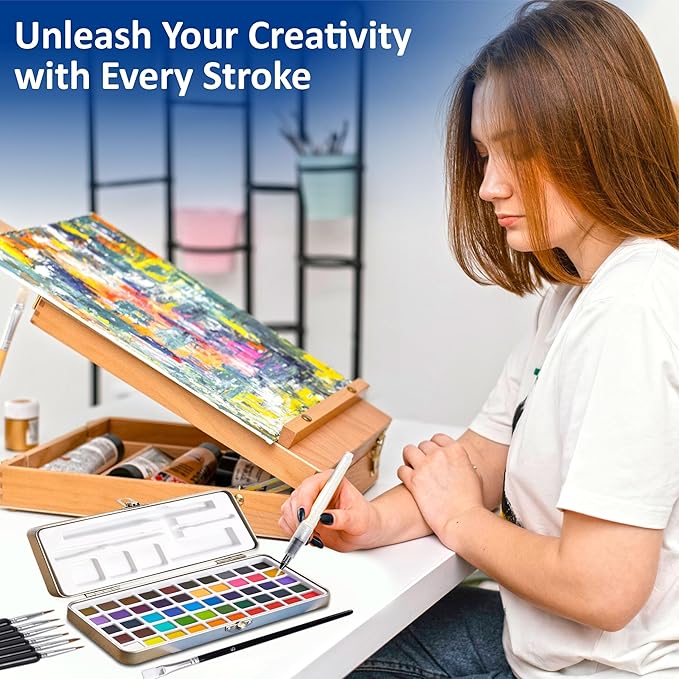 Professional Watercolor Paint Set – 50 Brilliant Colors, 6 Detail Brushes, Water Brush Pen, Swatch Sheet, Sponge & Metal Case – Portable Non-Toxic Colors with ASTM D-4236 Certificate, Kit for Adults, Artists & Students