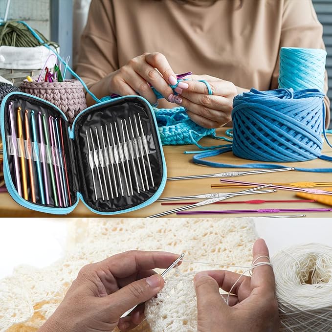 IMZAY 54 Pcs Crochet Needles Set, Crochet Hooks Kit with Storage Case, Ergonomic Knitting Blunt Needles Stitch Marker DIY Hand Knitting Craft Art Tools for Beginners(Blue)