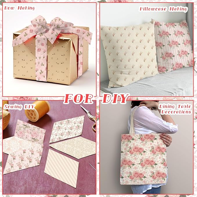 20 Pcs 10''x10'' Vintage Rose Quilting Fabric Square Bundle Retro Floral Precuts Quiltted Fabric Pink and White Printed Patchwork Material Supplies for Holiday Patchwork DIY Sewing Crafts