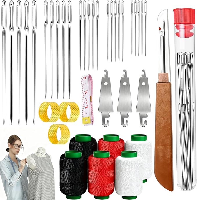 40 Pcs Big Eye Stainless Steel Hand Sewing Kit with Measuring Tape – Portable Needle and Thread Set with Thimbles & Threaders for Home, Travel & Emergency Repairs