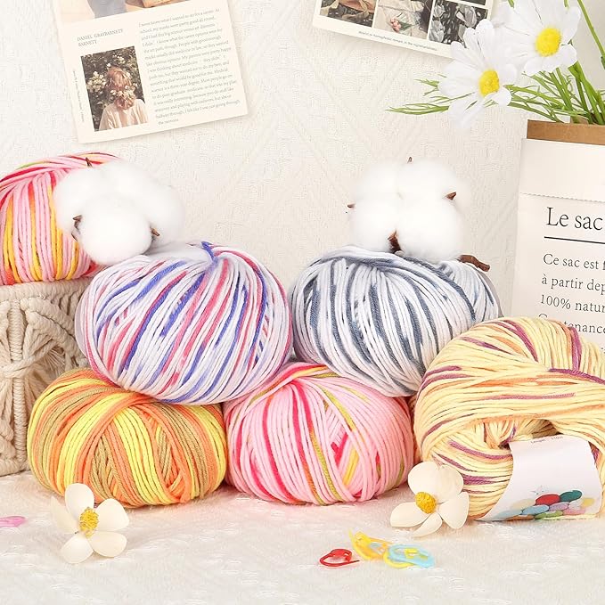 Katech 20 Skeins Cotton Yarn for Crocheting-55% Cotton 45% Acrylic-4 Medium (Worsted)-Super Soft Milk Cotton Yarn-Great Crochet and Knitting Starter Kit for Colorful Craft（Color G）