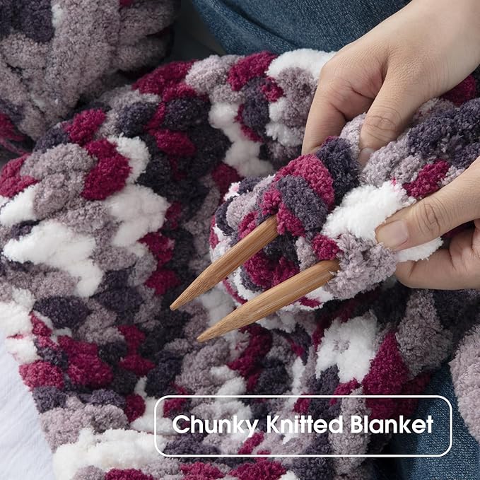 HOMBYS 8 Pack Giant Chunky Yarn for Crocheting and Knitting, Super Bulky Large Soft Fluffy Tie Dye Plush Fuzzy Mixed Color Thick Chenille Yarn (Wine Red, Grey, White)