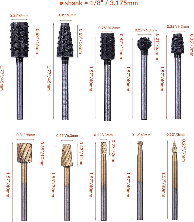 NordWolf 10-Piece Wood Carving Rasp Files Set for Rotary Tools, with 1/8" Straight Shank for Woodworking, Deburring, Shaping & Grooving in Storage Case