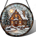 Stained Glass Window Hanging - Christmas Tree Cottage Sun Catcher for Door Garden Home Winter Decor Snowy Night Suncatcher Mother's Day Birthday Gifts for Women Men Mom Nana 9.8 in