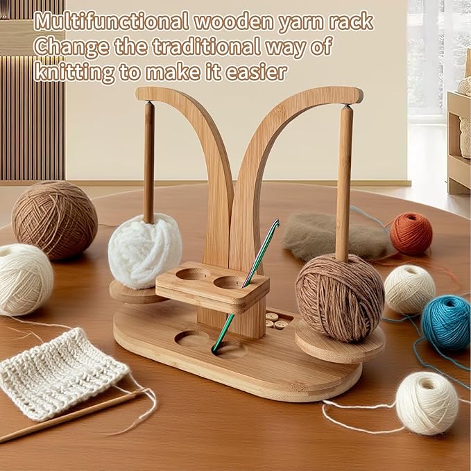 Magnetic Wooden Yarn Holder for Crocheting & Knitting – Smooth Rotating Yarn Spinner with Double Spindles, Tangle-Free Thread Dispenser, Ideal Gift for Knitters & Weavers (Natural)