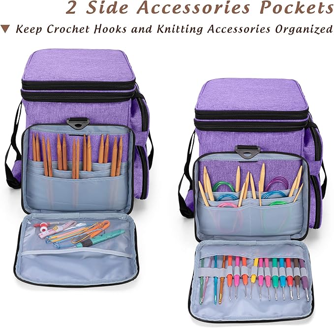 Yarwo Knitting Yarn Bag, Portable Crochet Storage Tote with Double Top Cover and Yarn Holes for Knitting Needles(Up to 14”), Unfinished Projects and Skeins of Yarn, Purple