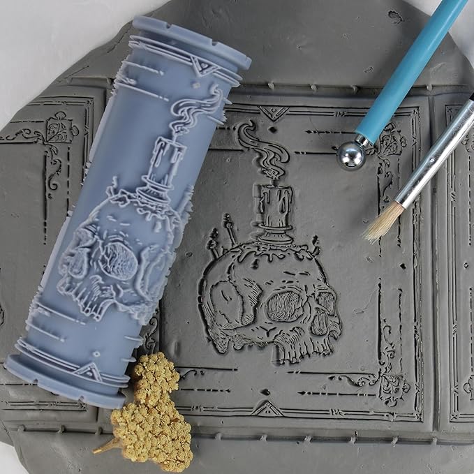 Skull Candle Clay Texture Roller (4") - Halloween Set #01 - Embossing Pattern Roller for Polymer & Ceramic Clay, Pottery & Crafts