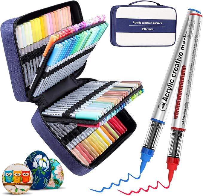 120 Color Acrylic Paint Markers Brush Tip, Waterproof, No-Bleed Ink with Automatic Ink Control, Premium Paint Pens for Rock, Wood, Canvas, Glass, Fabric for Professional and Adult Artists