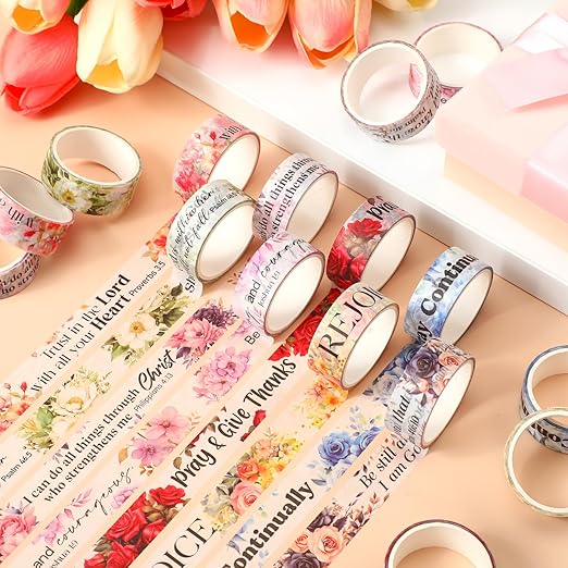 Janlaugh 24 Rolls Christian Washi Tape Gifts Bulk Religious Inspirational Scripture Supplies Cross Bible Verse Washi Tape for Bible Journaling Study Crafting New Year DIY Gifts