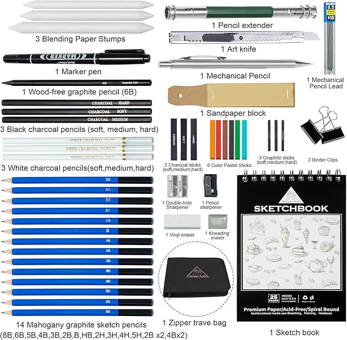 50pcs Sketching Drawing Pencils Set Art Supplies | Sketch pencils,Graphite,Charcoal,Sketch book,Drawing supplies | In Black Zipper Case | For adults,teeage, Kids 9-12