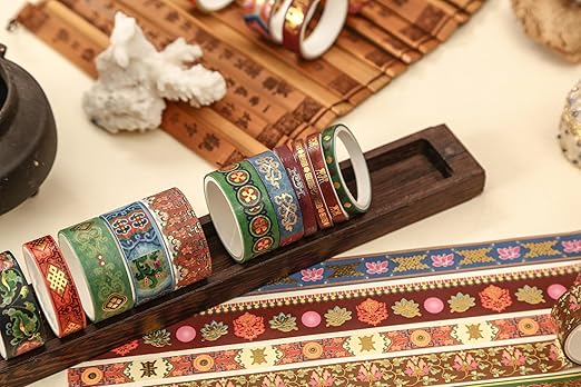 20 Rolls Chinese Style Washi Tape Set, Ancient Palace Pattern Decorative Masking Tapes with Gold Foil, Oriental for Craft, Scrapbook, DIY, Gift Wrapping (32-Azure Brocade Clouds)