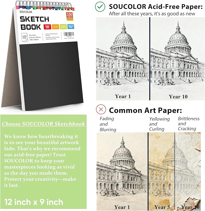 Soucolor 9" x 12" Sketch Book, 100 Sheets Top Spiral Bound Sketchbook with Acid-Free 68lb/100gsm Drawing Paper, Artist Sketch Pad for Kids, Adults & Teens Painting, Drawing, 1 Pack