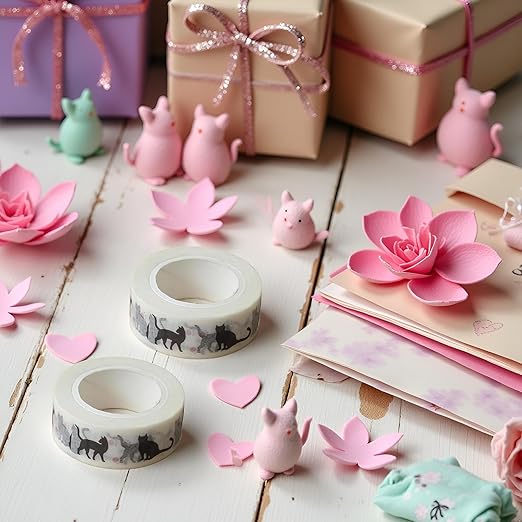 2Pcs Black Cat Kawaii Washi Decoration Cat and Masking Tape - 1.5cm*10m for DIY Scrapbooking, Crafts and Planners