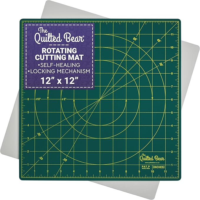 The Quilted Bear Rotating Cutting Mat 12" x 12" - Locking & Rotating Self Healing Cutting Board for Sewing, Fabric & Effortless Quilting - 360 Degree Sewing Supplies Mat for Craft Table (Green)