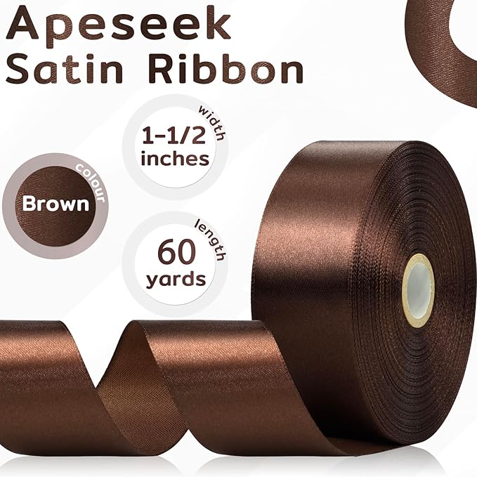 60 Yards Brown Ribbon 1-1/2 Inch, Solid Brown Satin Ribbon for Gift Wrapping, Crafts, Flower Bouquet, Wedding, Baby Shower, Festival, Christmas, Halloween