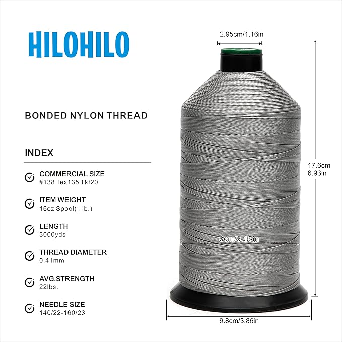 Extra Strong Bonded Nylon Thread #138 Tex135 – 16 OZ, 3000yds, Versatile Stitching Solution for Leather, Upholstery, Canvas Repair and More (Light Gray)