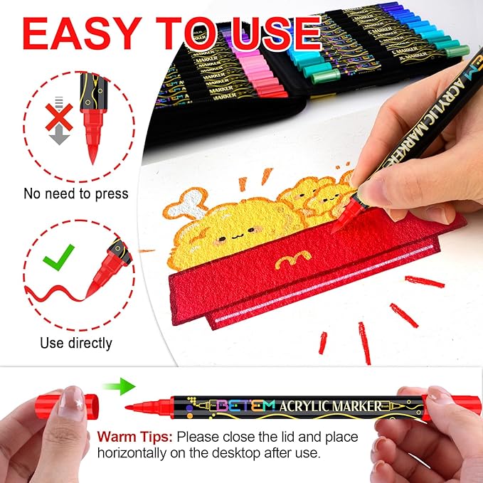 Betem Paint Markers Acrylic Paint Pens, Dual Tip 48 Colors Acrylic Markers with Brush Tip and Fine Point, Art Supplies for Wood, Canvas, Stone, Glass, Rock Painting Kit DIY Crafts Drawing Kit with Bag