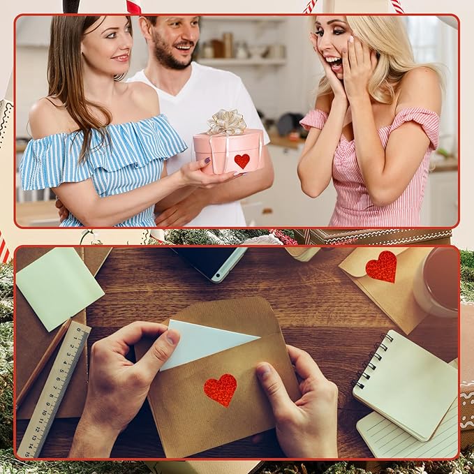 1.5'' 500Pcs Heart Valentines Laser Stickers, Glitter Heart Stickers Roll Valentine's Mother Day Gift Decorative Label Sticker