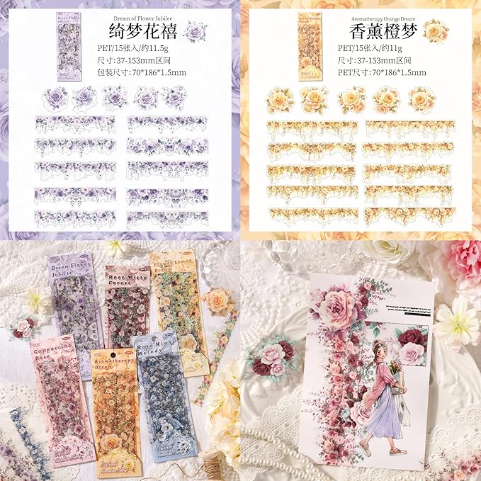 90 Pieces Vintage Floral Frame PET Scrapbook Stickers, 6 Pack Aesthetic Background Window Frames Decorative Stickers for Scrapbooking Planner Junk Journal Supplies Collage