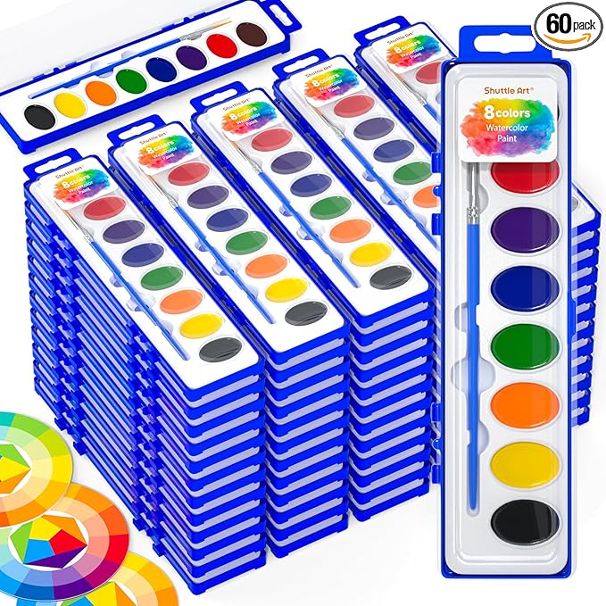 Shuttle Art 60 Pack Watercolor Paint Set, 8 Colors with Paint Brushes & Color Wheels, Washable for Kids & Adults, Suitable for Classroom, Parties, Kindergarten & Art