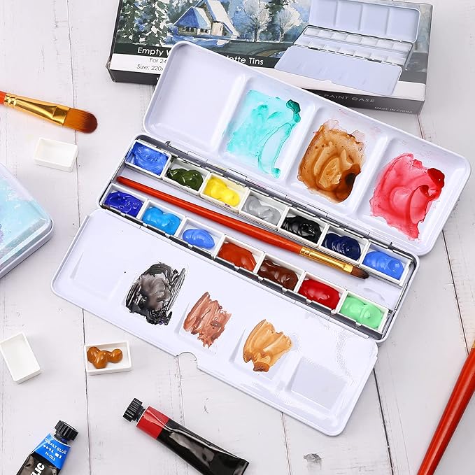 LOONENG Empty Watercolor Palette, Empty Watercolor Tin with Fold Out Palette, Medium Colorful Watercolor Tray Palette with 14 Empty Full Pans for Plein Air Painting and Sketching